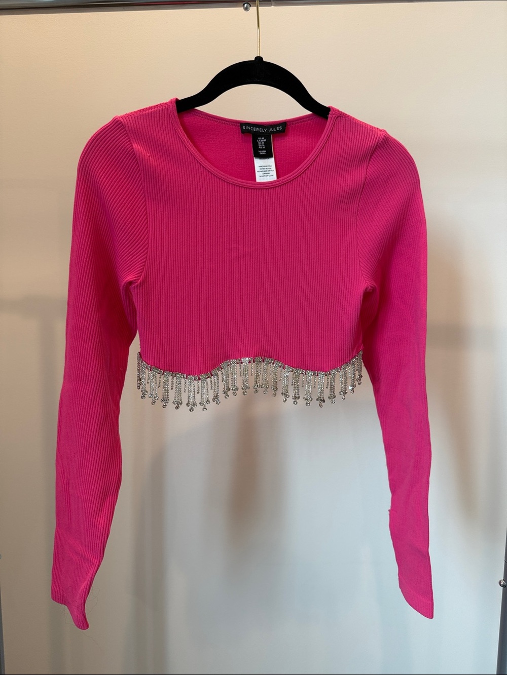 Sincerly Jules Hot Pink Ribbed Rhinestone Fringe Cropped Top Size Medium